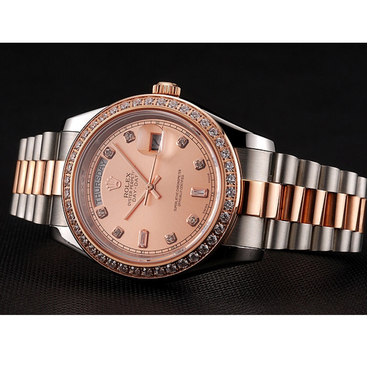 Aaa replica watch Steel Rolex Swiss Gold Bracelet 1454107 Day-Date Diamonds Rose And Staineless Bezel 0519